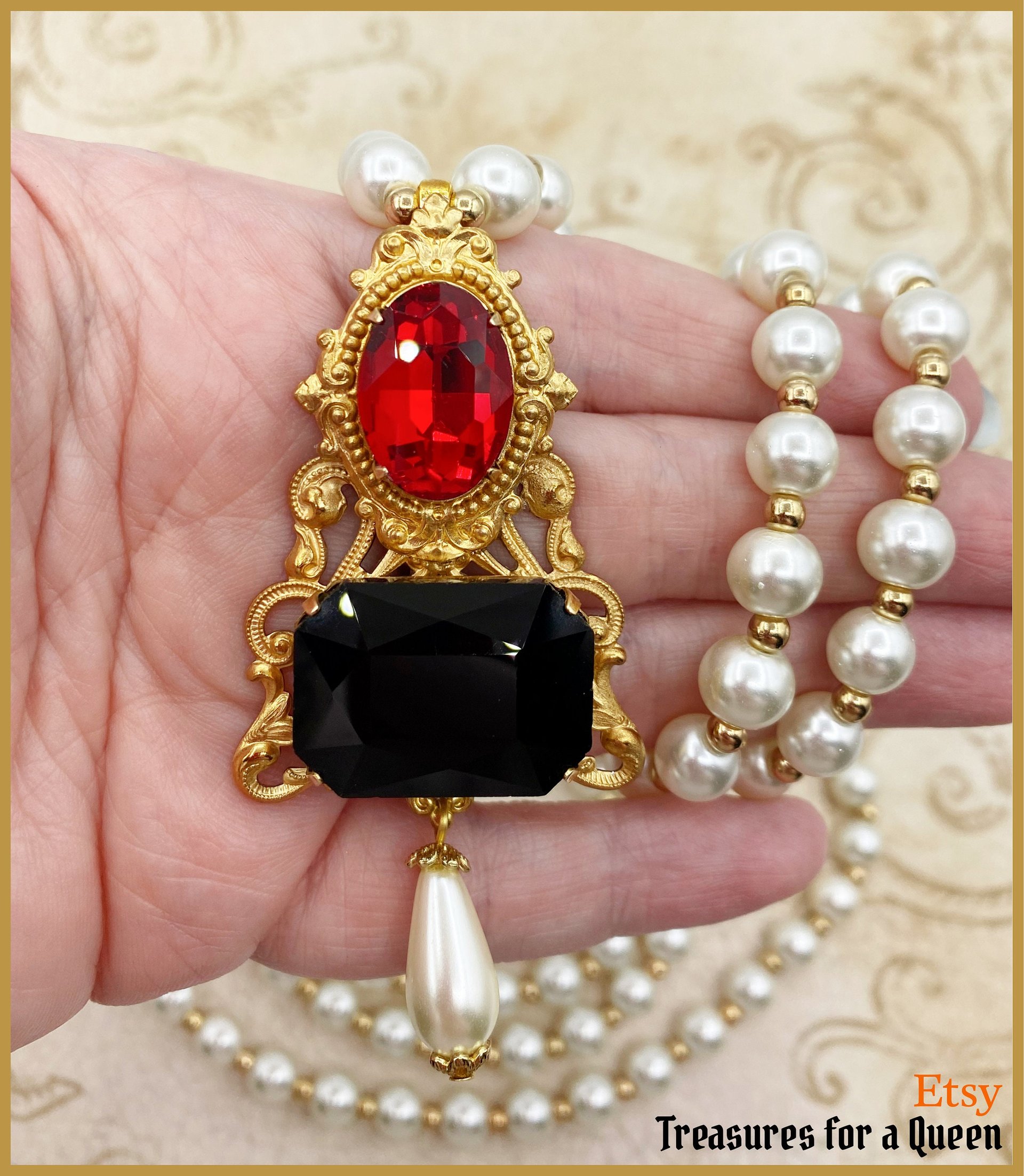 Jane Seymour Historical Reproduction 2 Necklace Set Tudor Replica Glass Pearl Brass Filigree Red Black Faceted Glass Gold Tone Bead Medieval