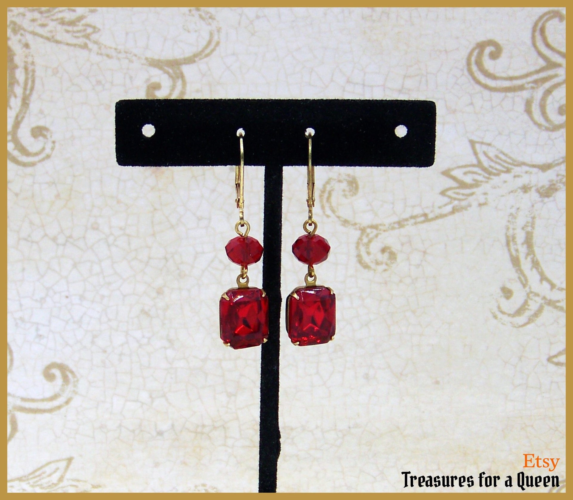 Anne Boleyn Tudor Medieval Renaissance Victorian Antique Gold Ruby Red Glass Crystal Replica Wire Dangel Chandelier Earrings