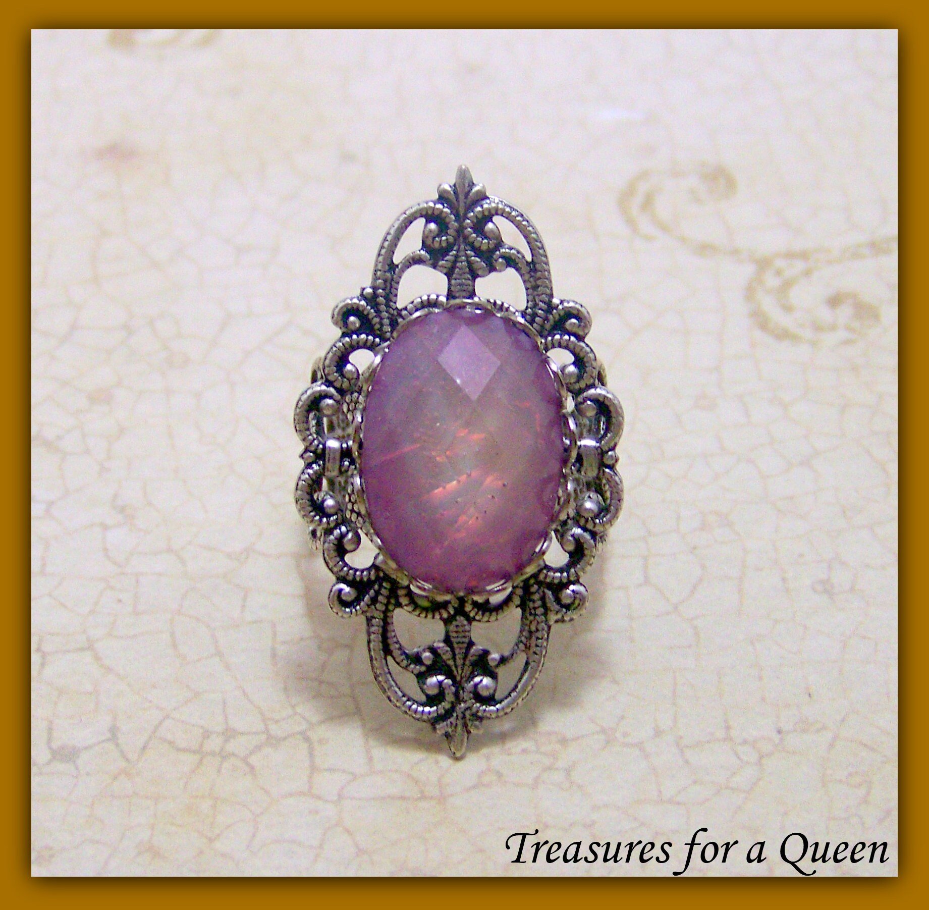 Gothic Victorian Filigee Ring Silver Plated with Faux Opal and Adjustable Band