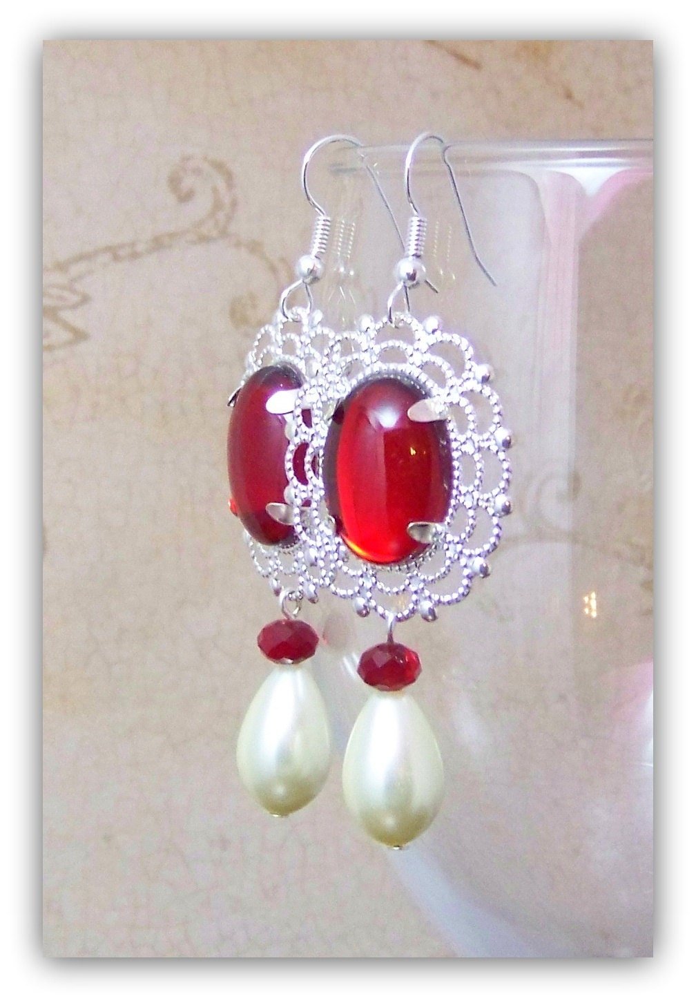 Medieval Tudor Earrings, Renaissance Ruby Red Crystal Dangle Statement Earrings