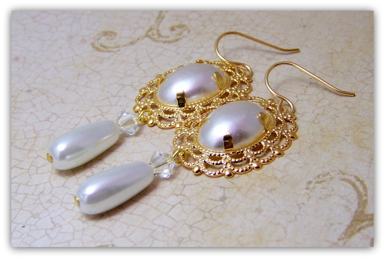 Medieval Tudor Earrings, Renaissance Faux Pearl Crystal Dangle Statement Earrings