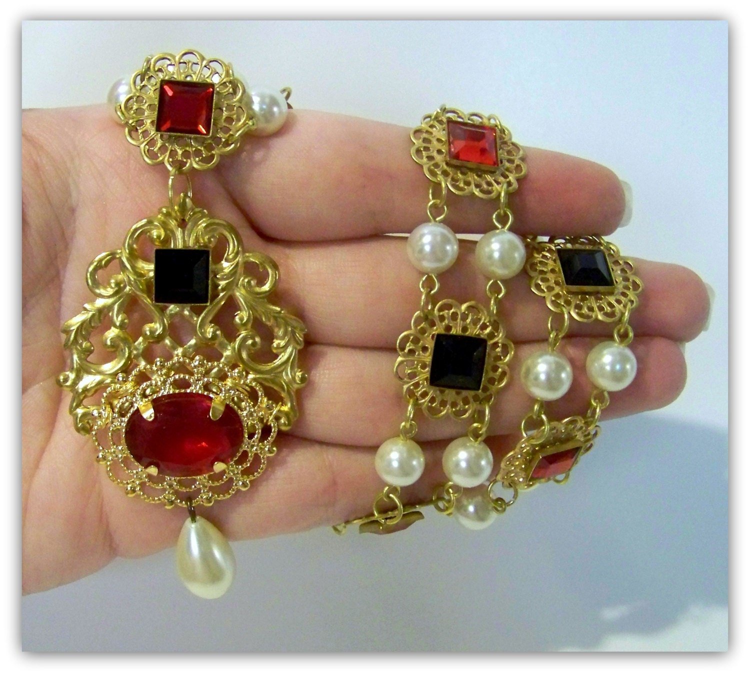 Tudor Replica Necklace Catherine Parr Historical Reproduction Brass Filigree with Red and Black Glass