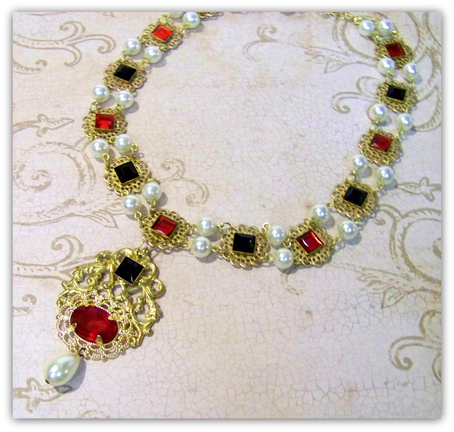 Tudor Replica Necklace Catherine Parr Historical Reproduction Brass Filigree with Red and Black Glass