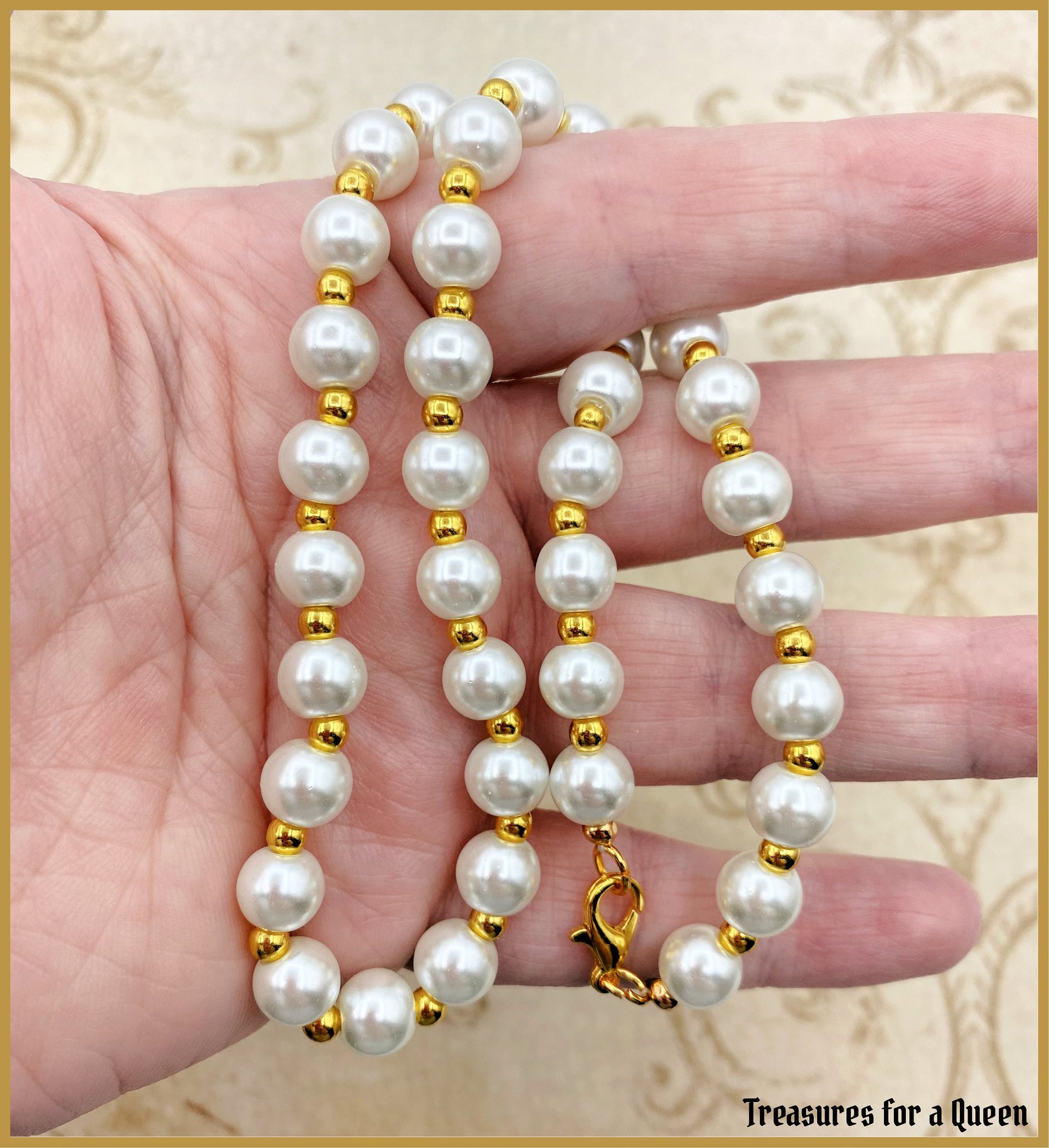 Historical Pearl Necklace Replica - Elegant Glass Pearl and Gold Bead Choker