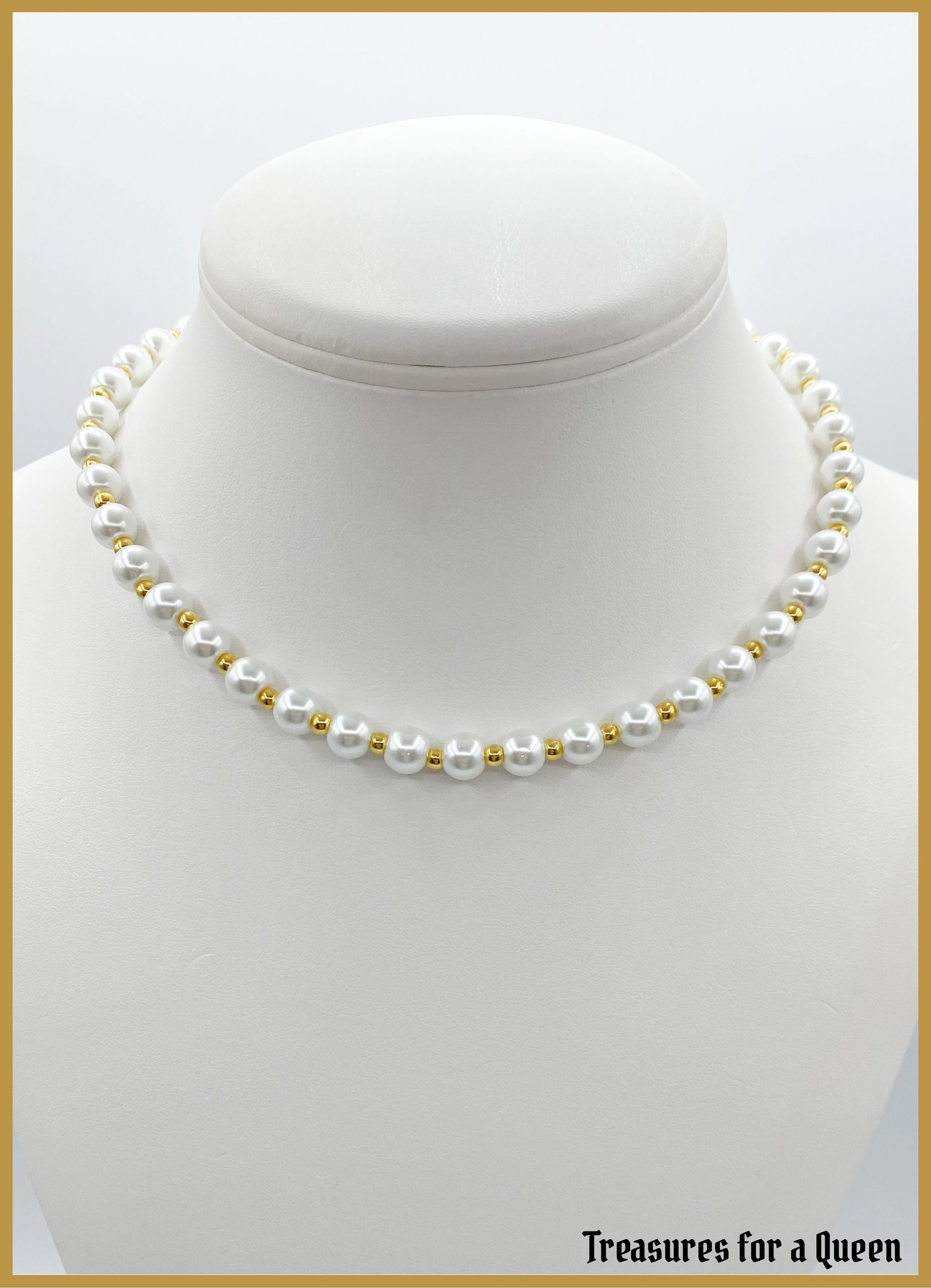 Historical Pearl Necklace Replica - Elegant Glass Pearl and Gold Bead Choker