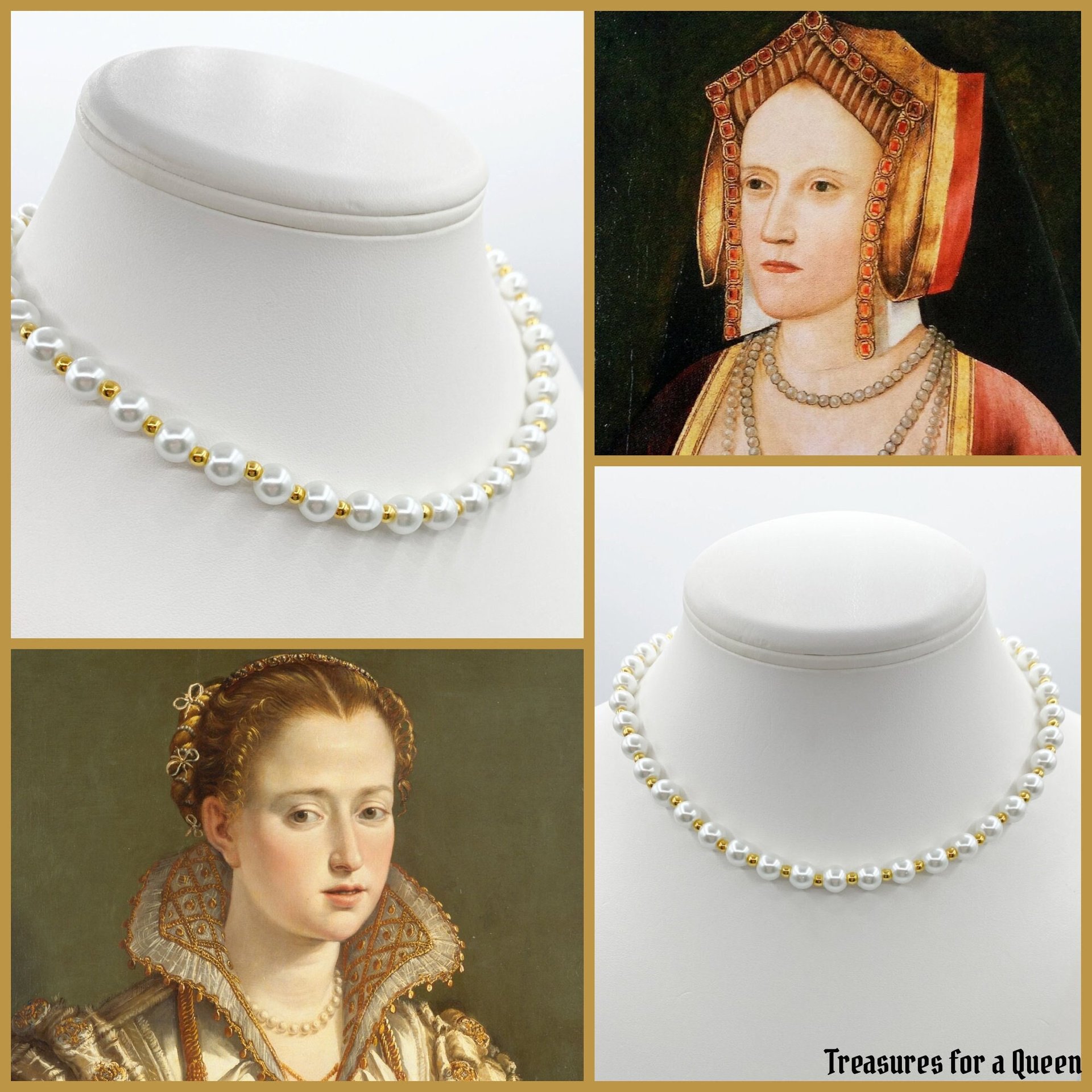 Historical Pearl Necklace Replica - Elegant Glass Pearl and Gold Bead Choker