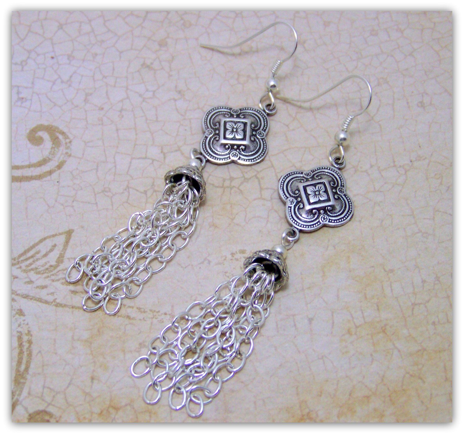 Medieval Quatrefoil Silver Tudor French Hook Dangle Earrings