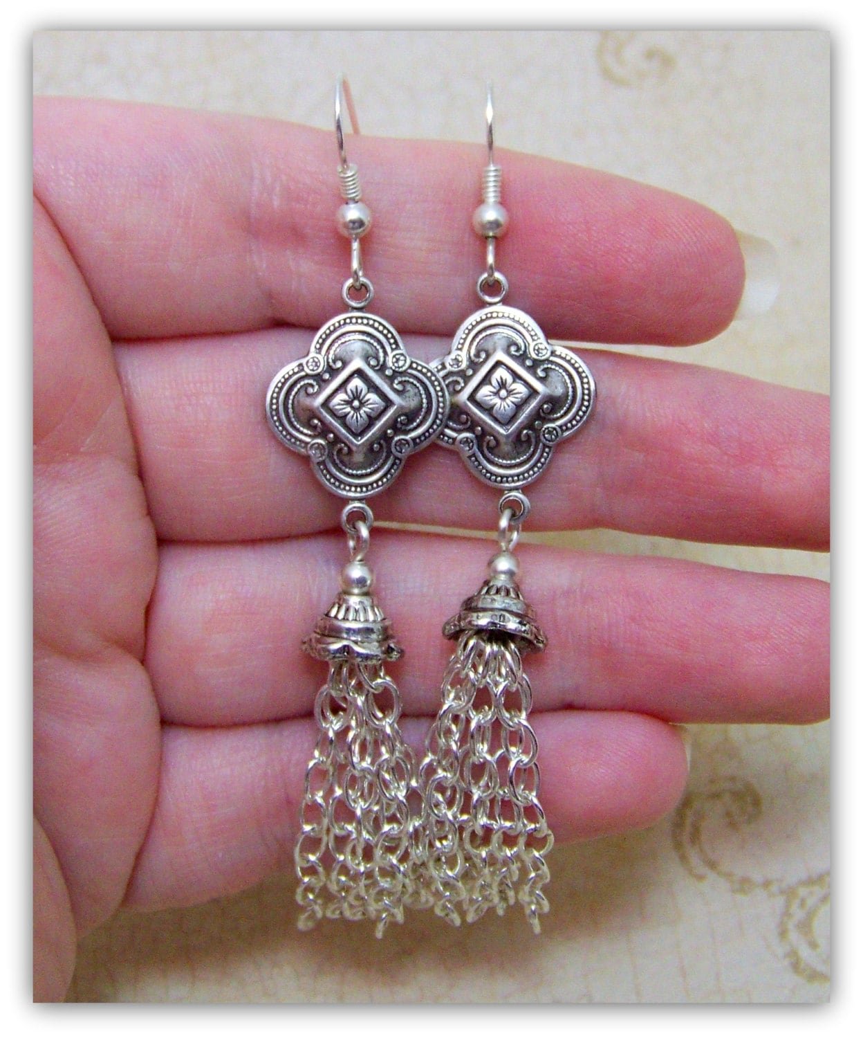 Medieval Quatrefoil Silver Tudor French Hook Dangle Earrings