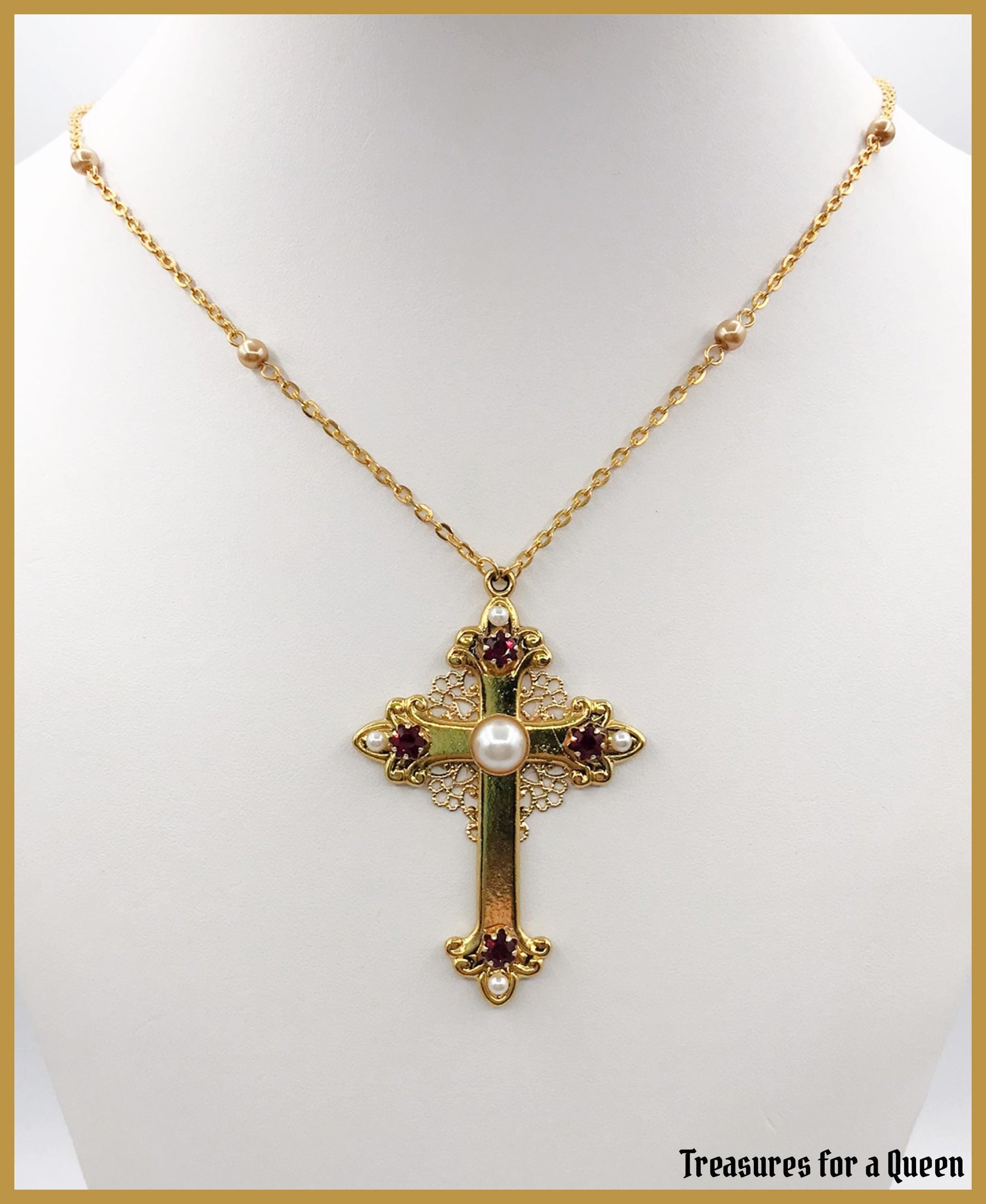Medieval Tudor Cross Necklace - 16th Century Antique Gold Pearl Chain Renaissance Jewelry