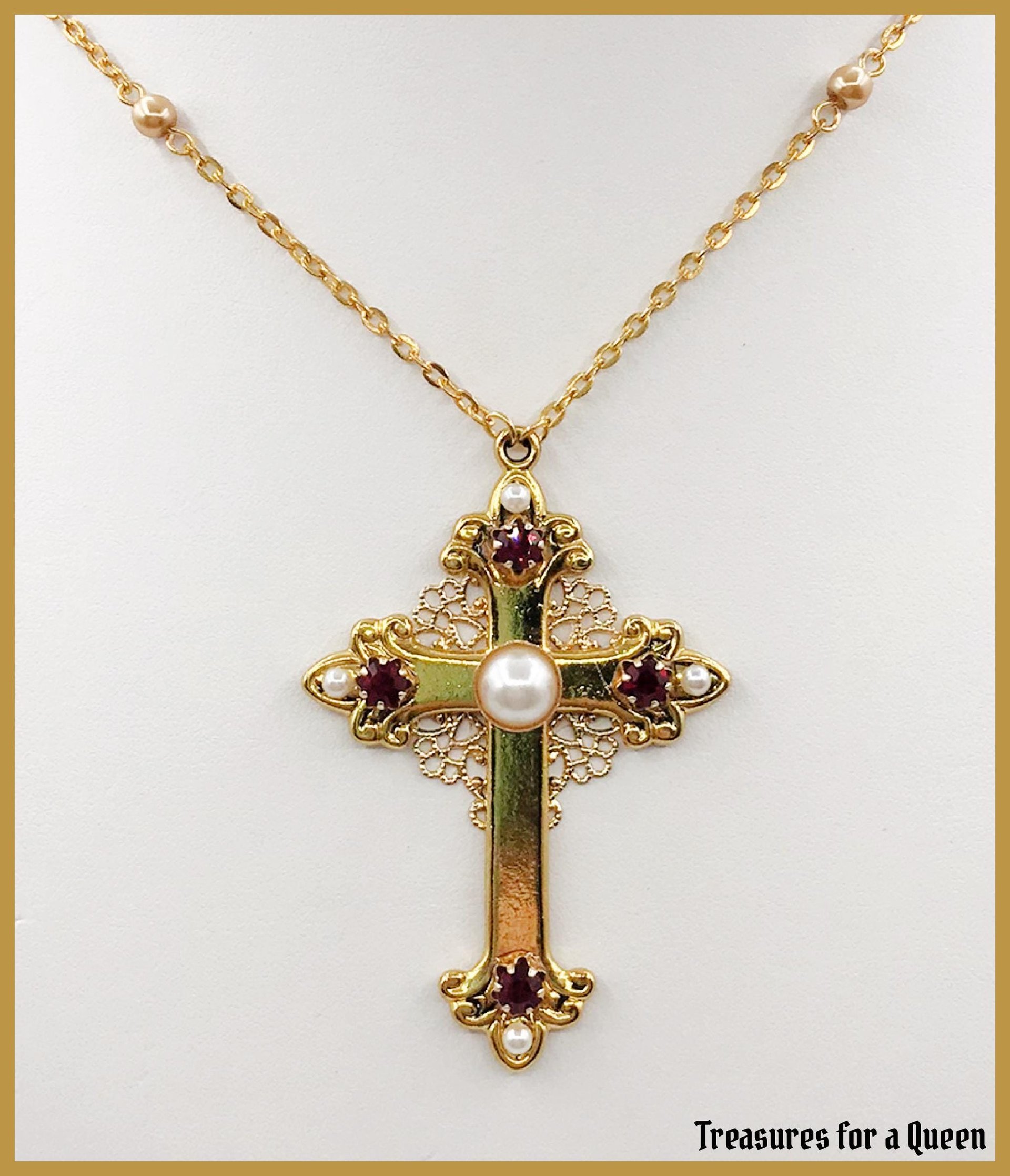 Medieval Tudor Cross Necklace - 16th Century Antique Gold Pearl Chain Renaissance Jewelry