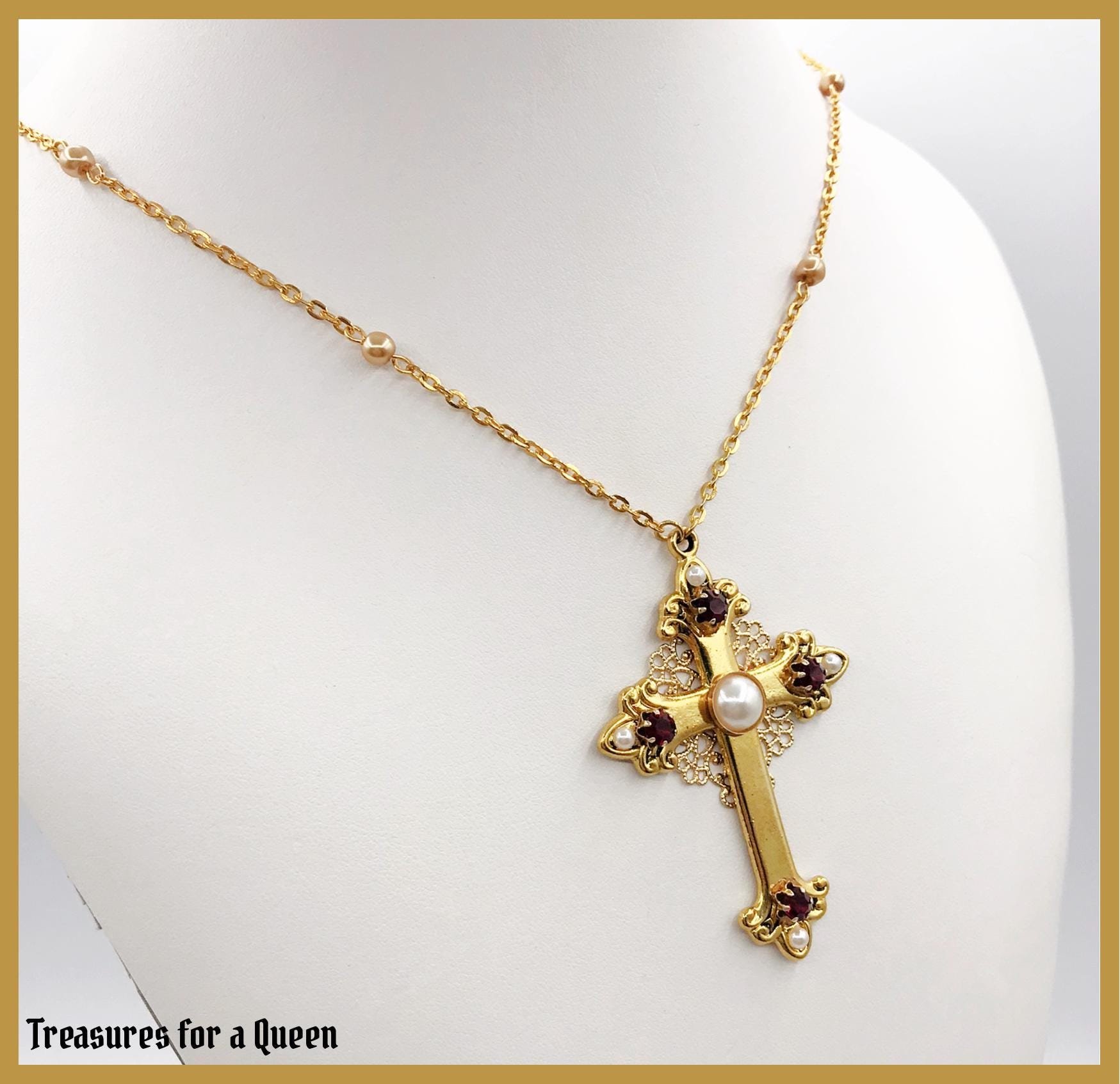 Medieval Tudor Cross Necklace - 16th Century Antique Gold Pearl Chain Renaissance Jewelry
