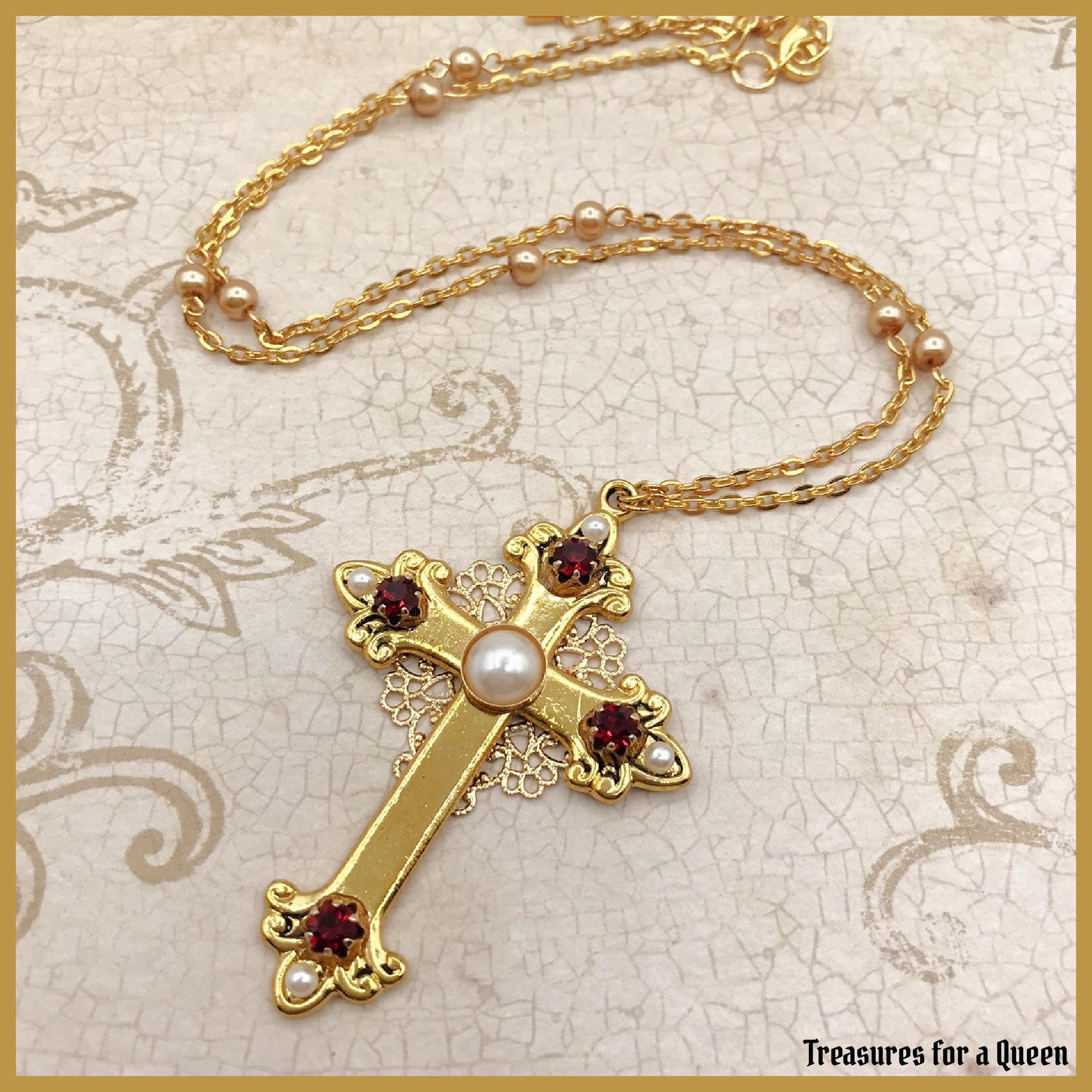 Medieval Tudor Cross Necklace - 16th Century Antique Gold Pearl Chain Renaissance Jewelry