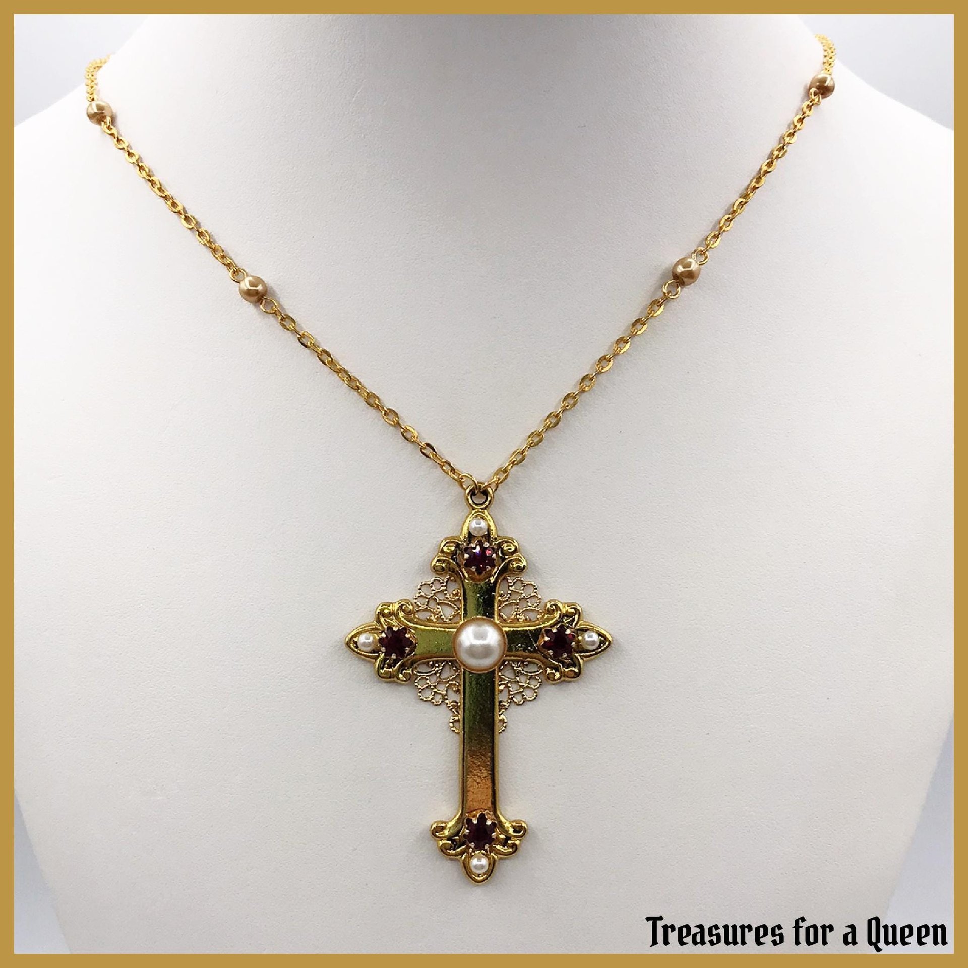 Medieval Tudor Cross Necklace - 16th Century Antique Gold Pearl Chain Renaissance Jewelry