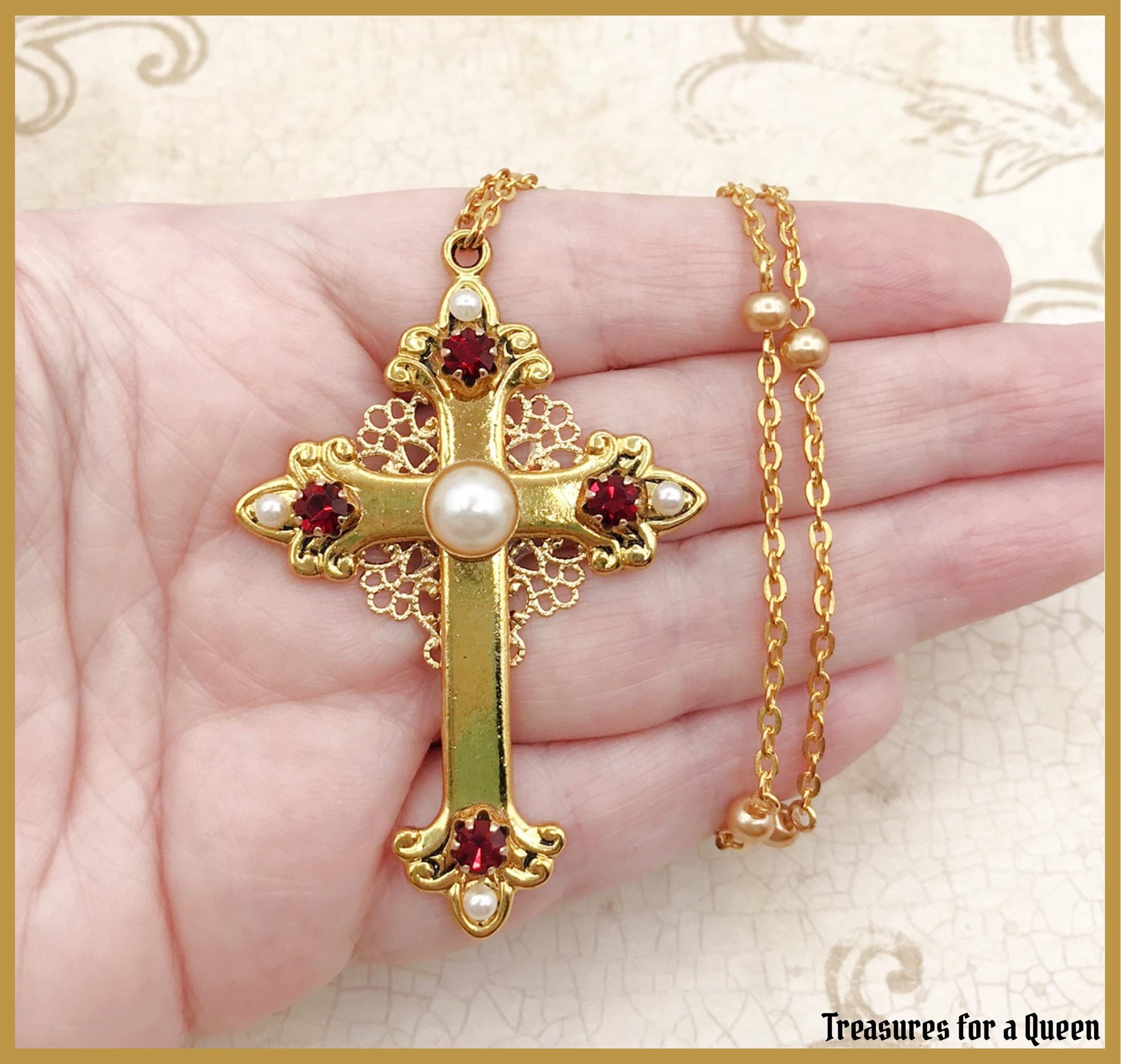 Medieval Tudor Cross Necklace - 16th Century Antique Gold Pearl Chain Renaissance Jewelry