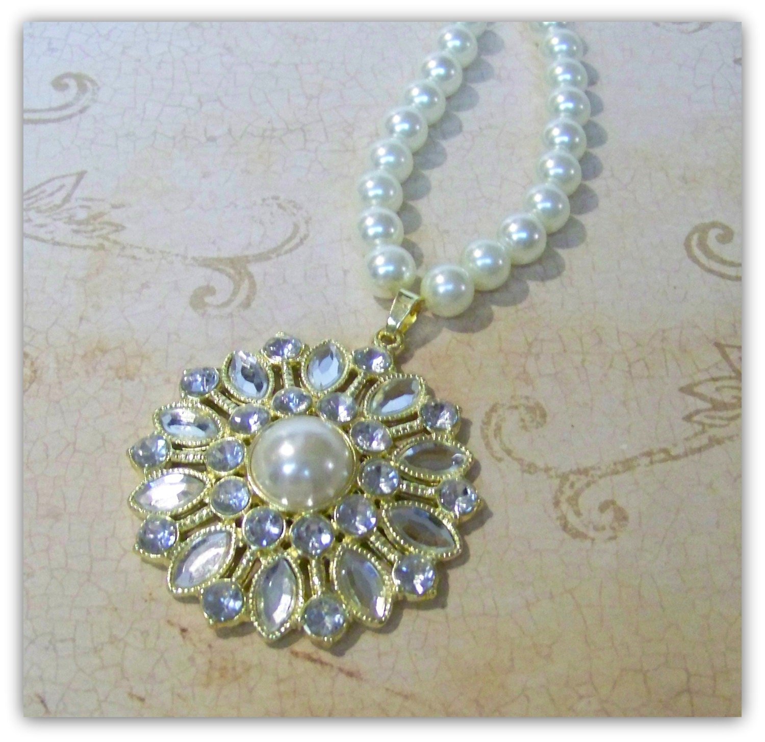 Medieval Renaissance Glass Pearl and Rhinestone Necklace