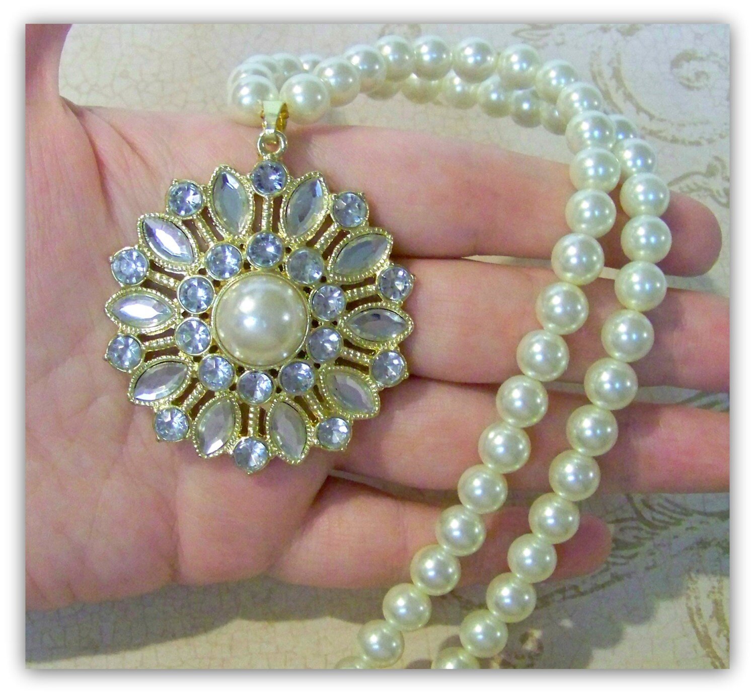 Medieval Renaissance Glass Pearl and Rhinestone Necklace