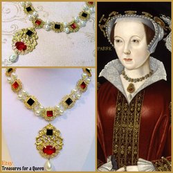 Tudor Replica Necklace Catherine Parr Historical Reproduction Brass Filigree with Red and Black Glass