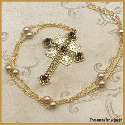 Elizabethan Tudor Gold Pearl Cross 16th Century Medieval Renaissance Jacobean Ruby Red Crystal Large Queen Anne Musketeers Replica Necklace