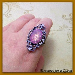 Gothic Victorian Filigee Ring Silver Plated with Faux Opal and Adjustable Band