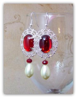 Medieval Tudor Earrings, Renaissance Ruby Red Crystal Dangle Statement Earrings