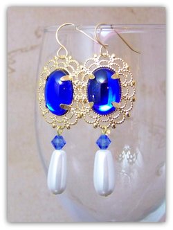 Medieval Tudor Earrings, Renaissance Sapphire Blue Crystal Dangle Statement Earrings